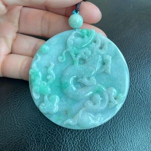NEW Carving Dragon Natural Jade Round Pendant Necklace